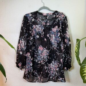 Bellatrix Black Pink Blue Floral Pussybow Button Up Bohemian Feminine Top L